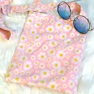 vintage 90s handmade pink daisy print festie bag